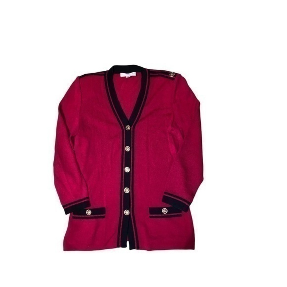 St. John by Marie gray red black cardigan knit luxury sweater